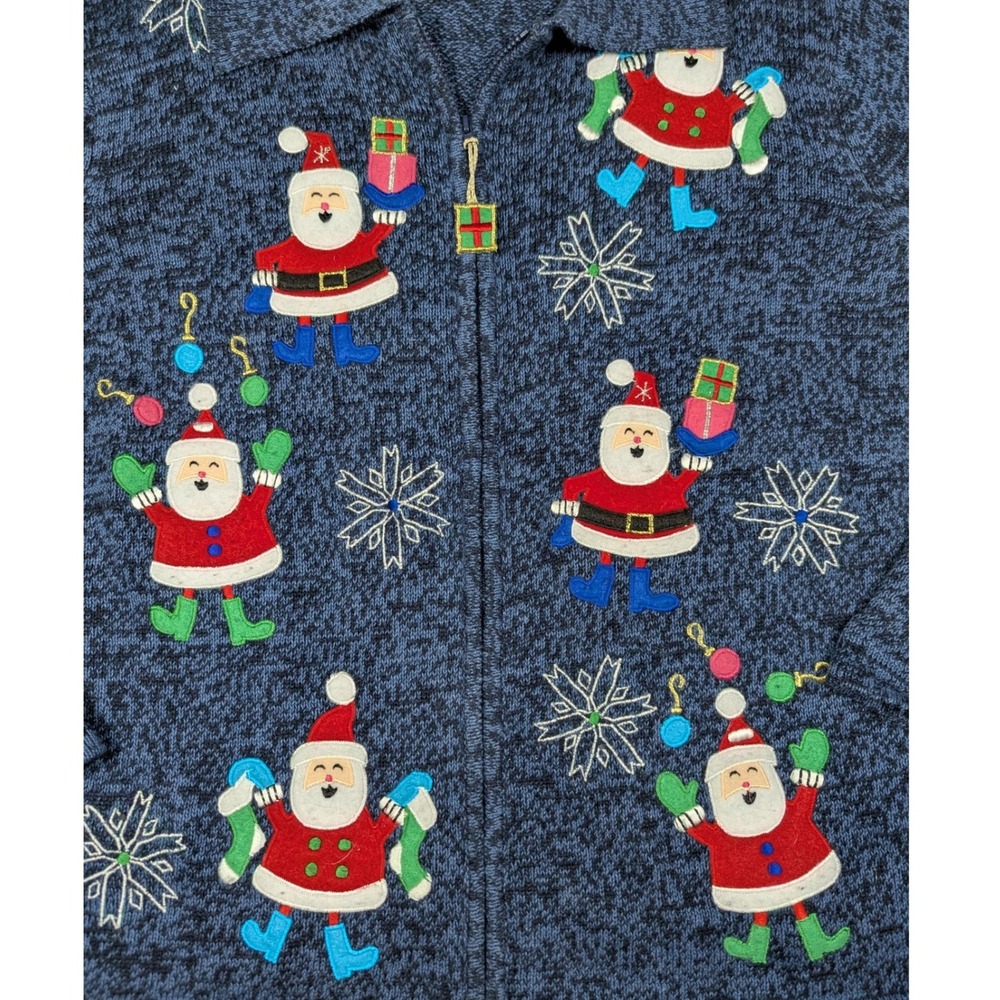 Jennifer Lauren Womens XL Christmas Santa Snowflake Zip Up Cardigan Sweater Blue